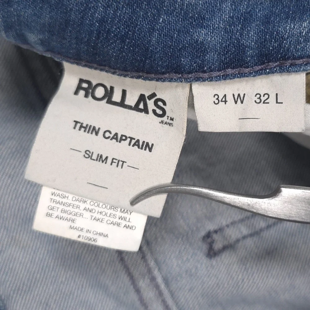 ROLLAS New Men’s THIN CAPTAIN SLIM FIT Jeans Bush Fire Blue Distressed‎ 34x31